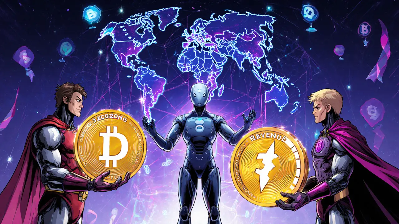 AI sidekick helps token heroes view a holographic cross‑protocol network.