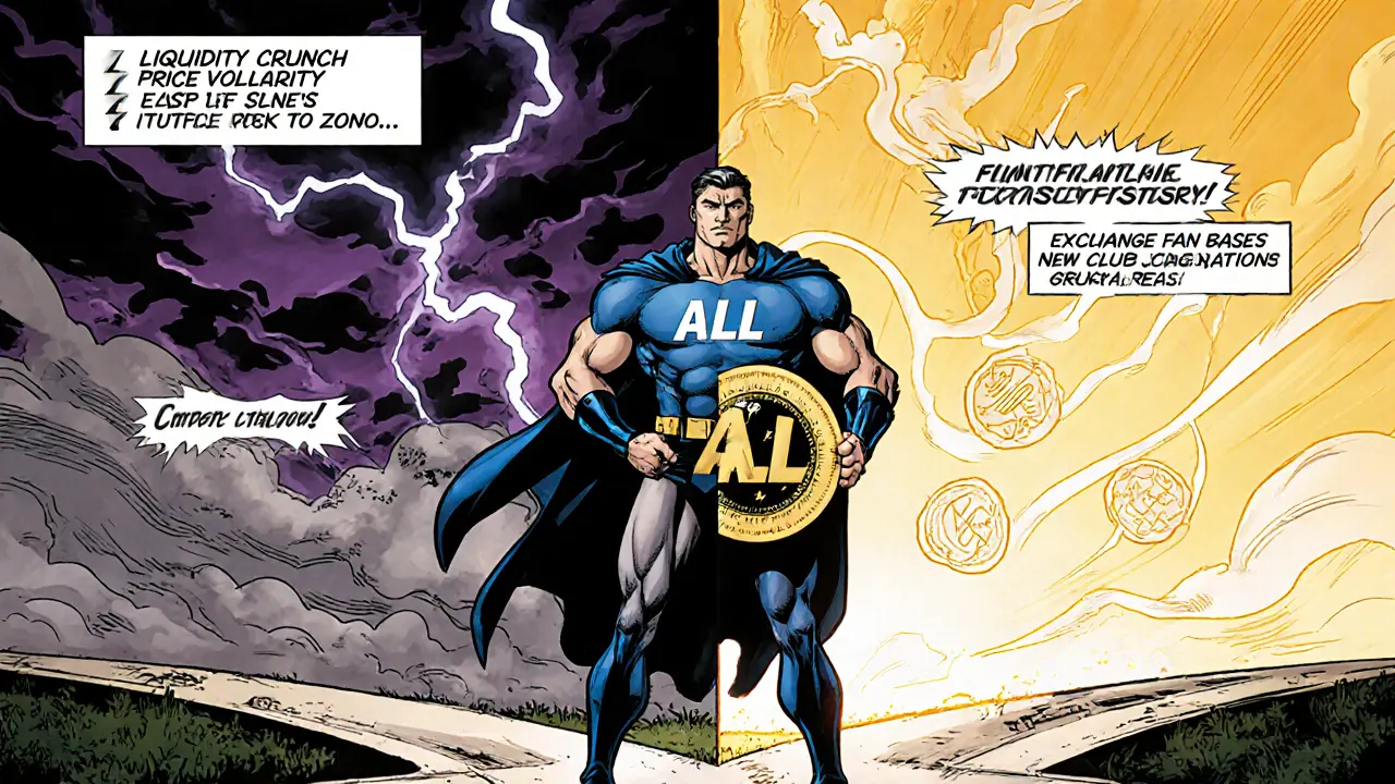 Cautious hero holding ALL emblem at crossroads of stormy risk and hopeful future.