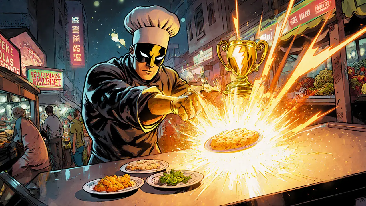 Chef hero melds glowing ingredients into a radiant dish NFT in a comic‑style kitchen.