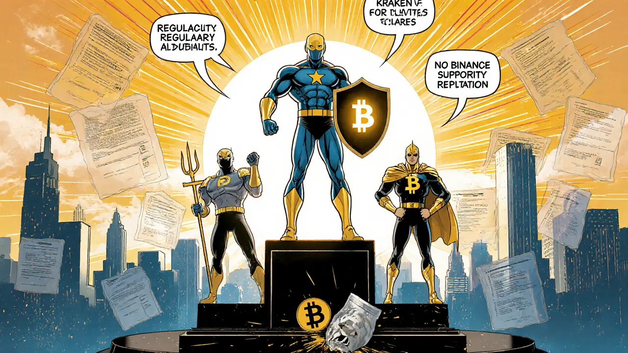 Crypto defender holds hardware wallet shield beside Kraken and Binance allies under sunrise.