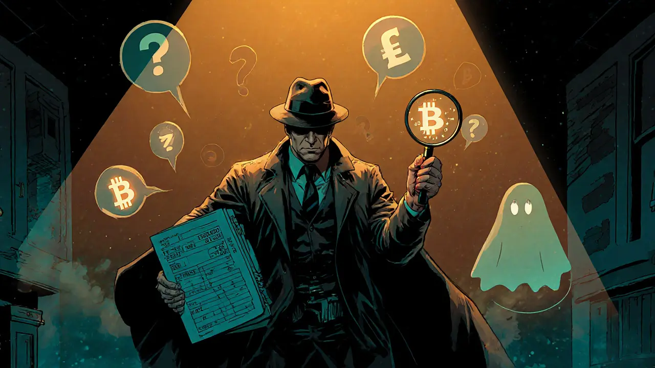Detective trader uses magnifying glass to uncover hidden crypto fee numbers.