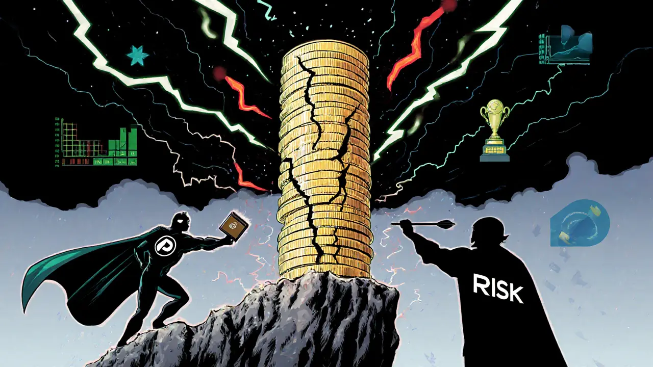 Dramatic scene of TSUGT coins on a cliff of volatile charts with a hero shielding a wallet.