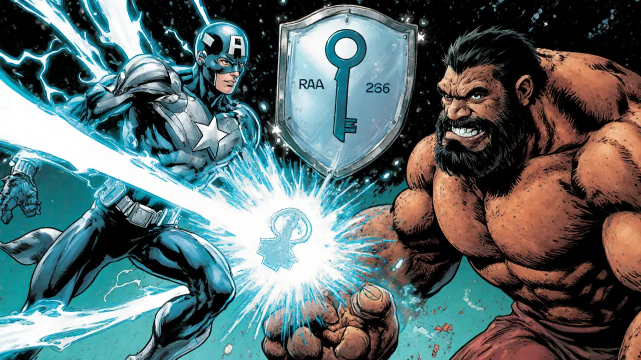 Elliptic Avenger battling RSA Goliath with curve energy arcs and a SHA‑256 shield.