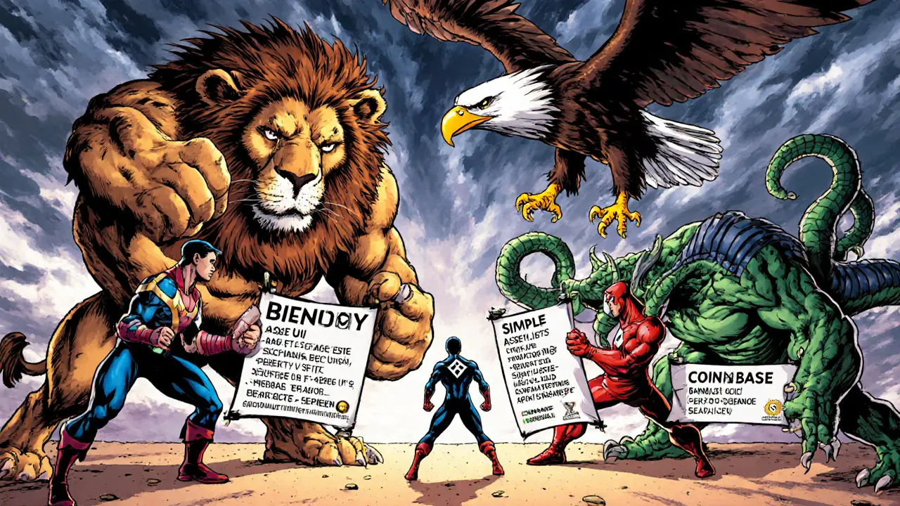 Exchange heroes battling in an arena, highlighting Ionomy versus Binance, Coinbase, Kraken.