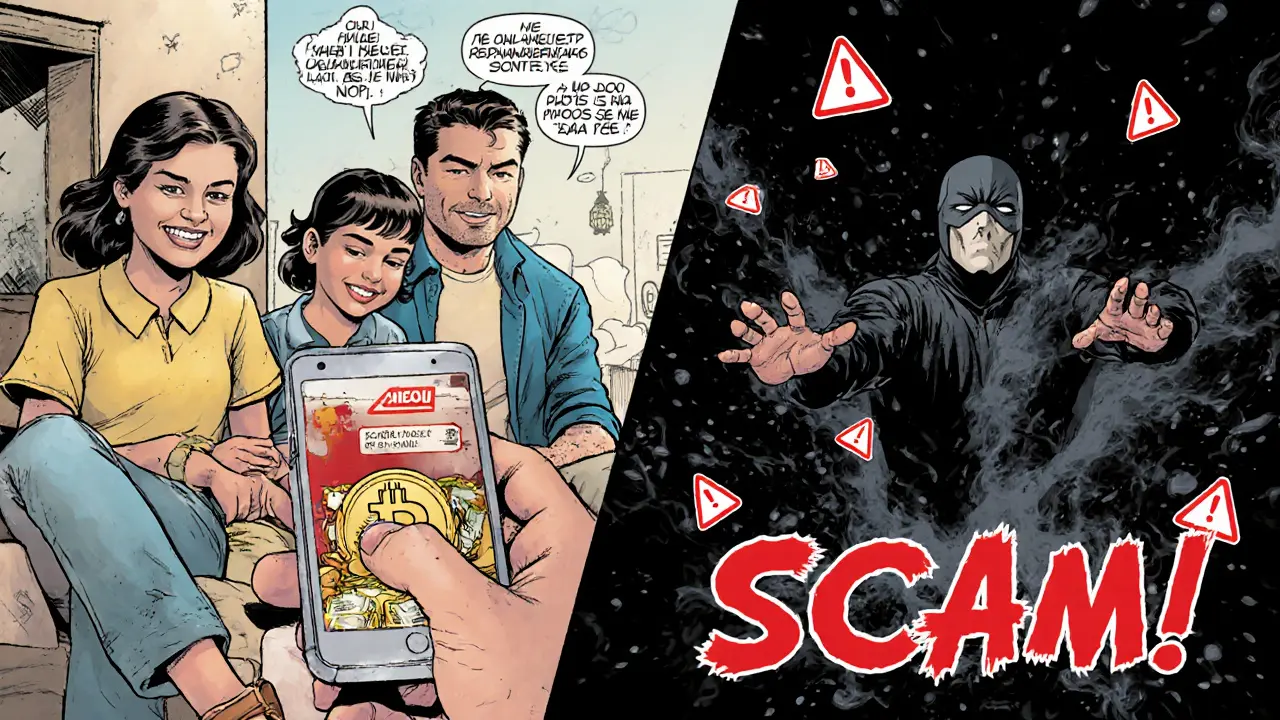 Family receives Bitcoin in Medellín while a scammer vanishes in smoke, split-panel superhero comic scene.