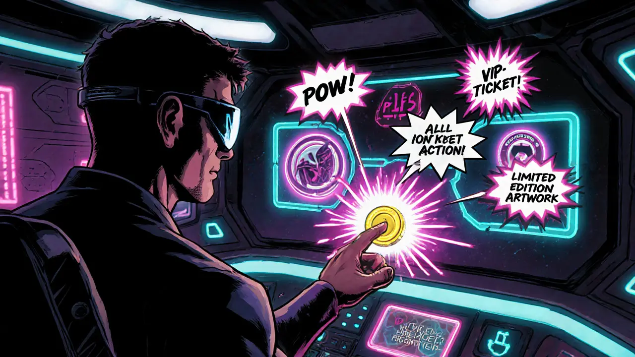 Fan hero using holographic ALL token to vote, surrounded by digital perks and NFTs.
