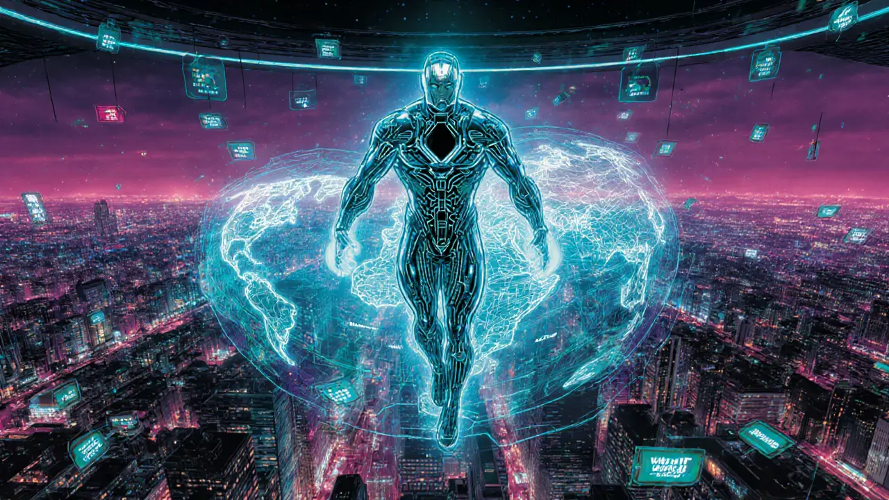 Futuristic AI hero adjusts stop‑losses with holographic charts.
