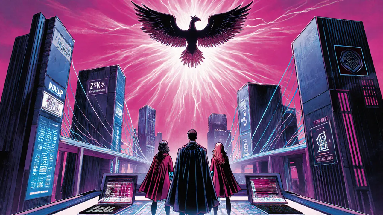 Futuristic city of rollup towers with developers and a phoenix‑like interoperability figure.