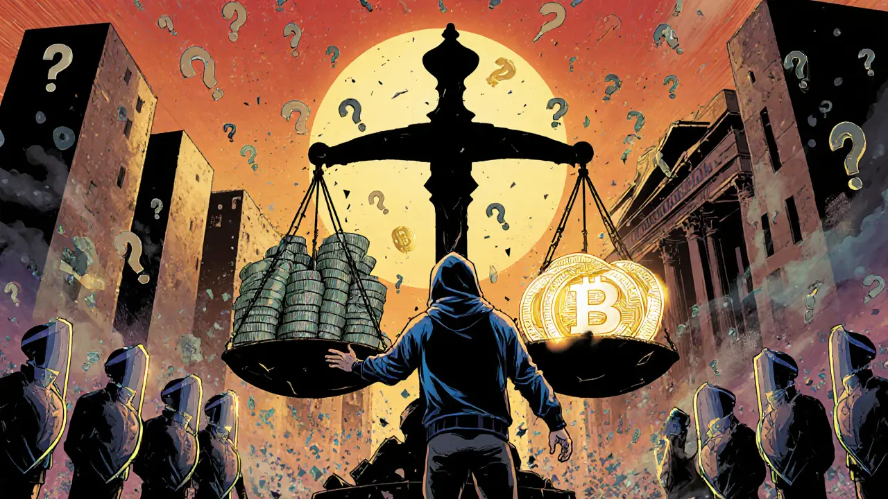 Giant scale of justice tilts toward crypto coins as citizens reach for freedom amid chaos.