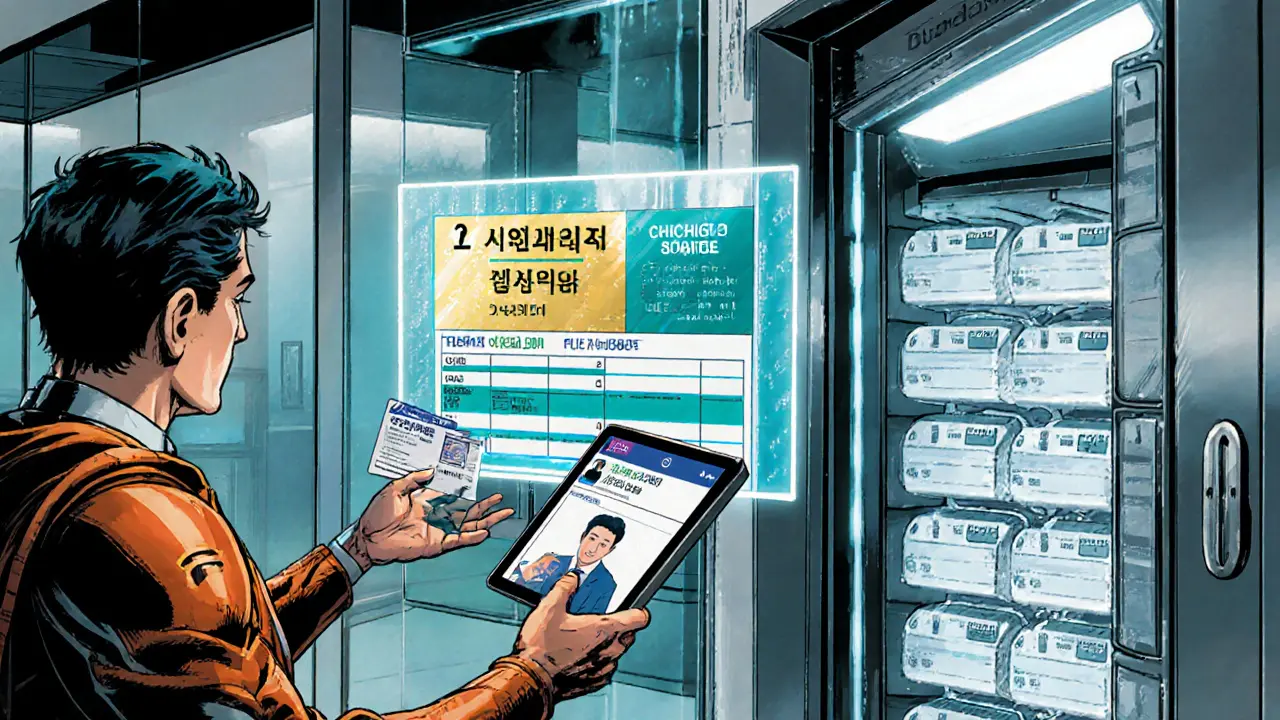 Hero assists citizen with ID verification beside holographic bank and cold‑storage vault.