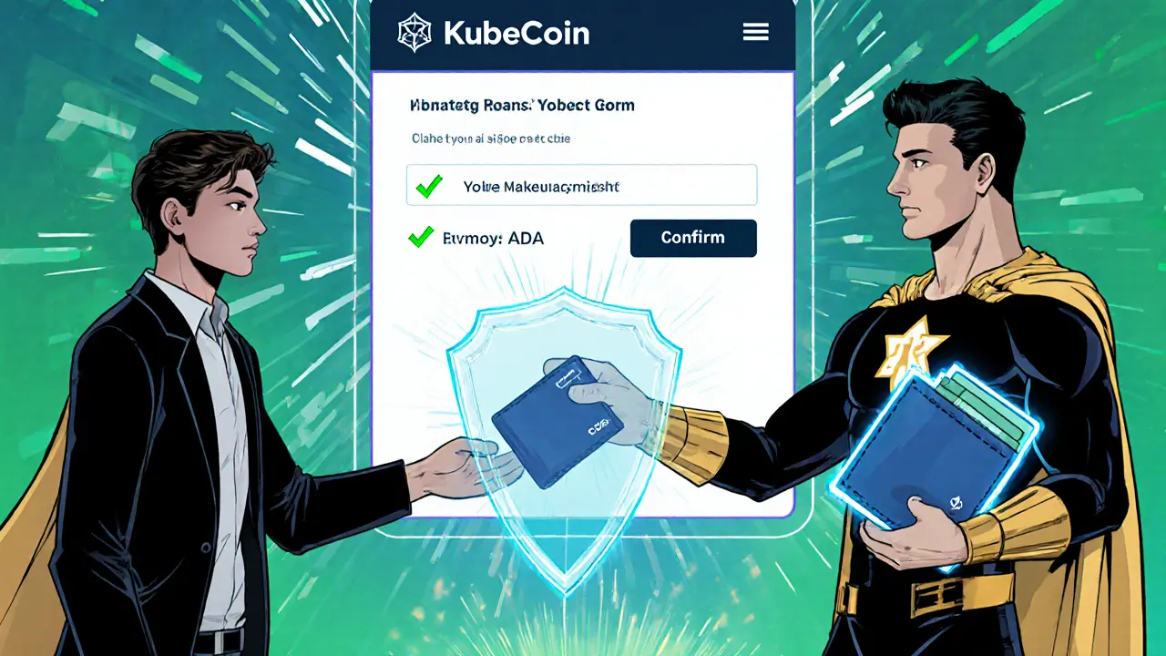 Hero assists user in safely claiming KUBE with a Cardano wallet and glowing hardware shield.