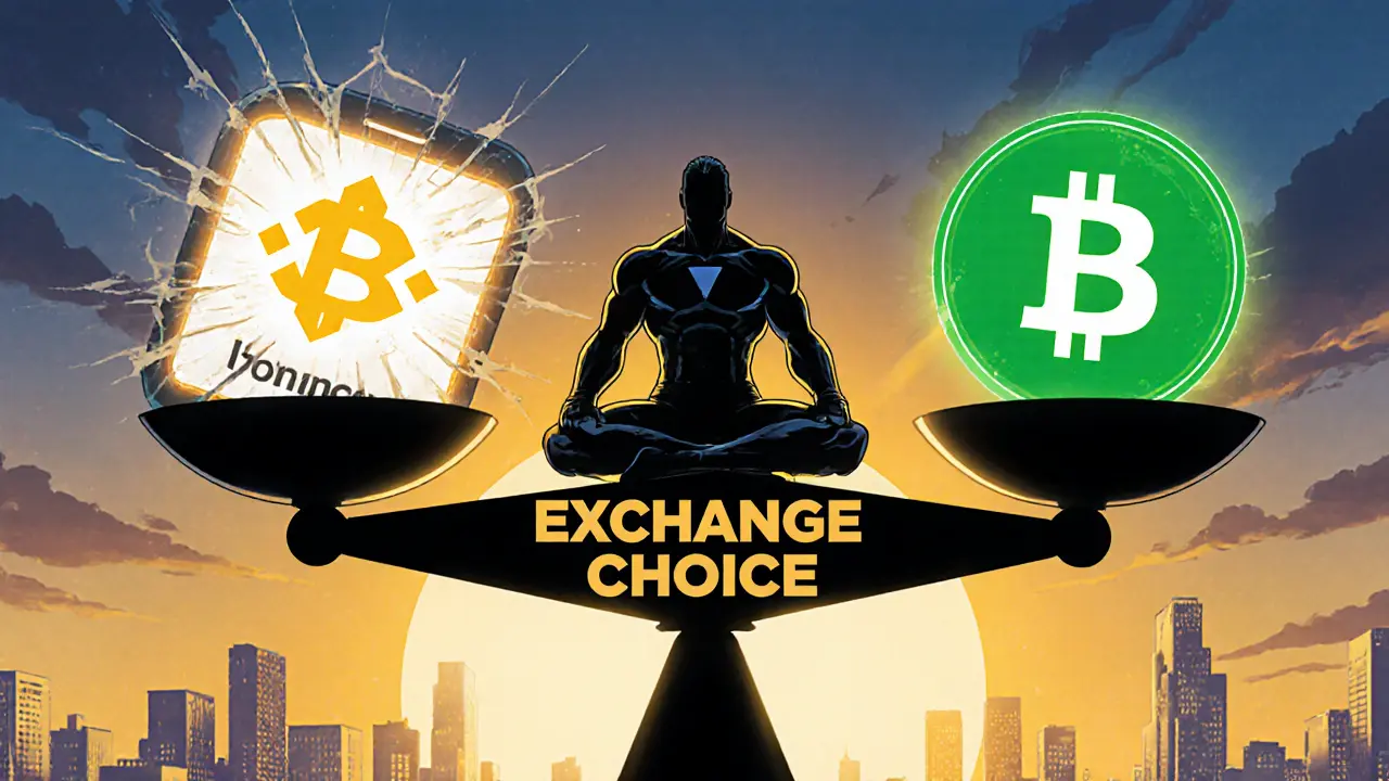 Hero balances Ionomy against larger exchanges on a scale, highlighting pros and cons.