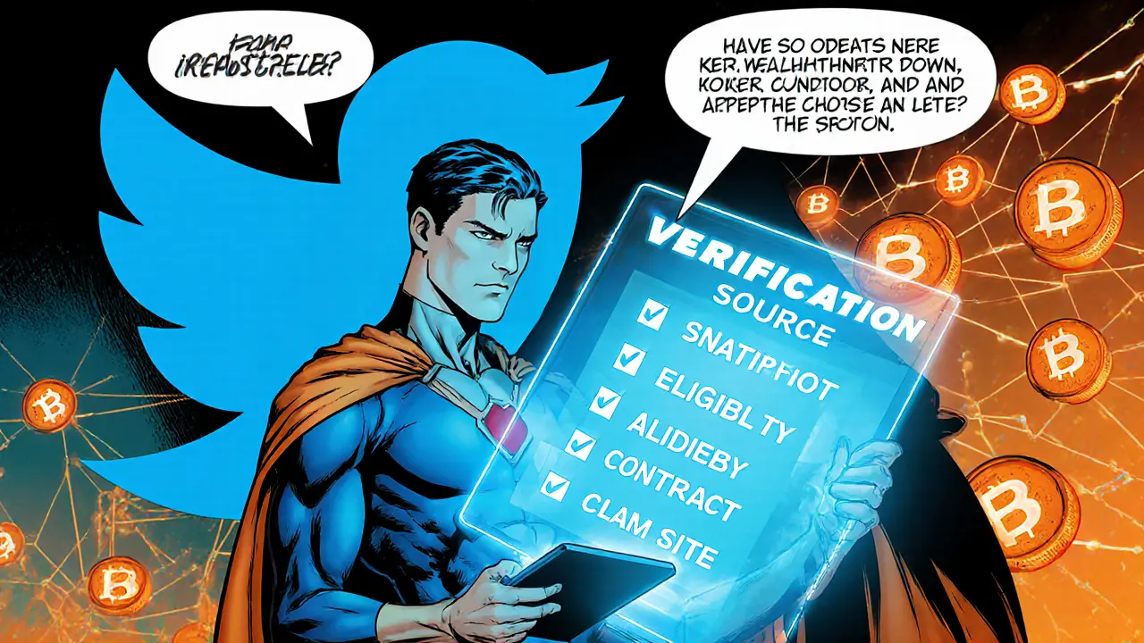 Hero checking a holographic Twitter verification with a checklist of airdrop steps.