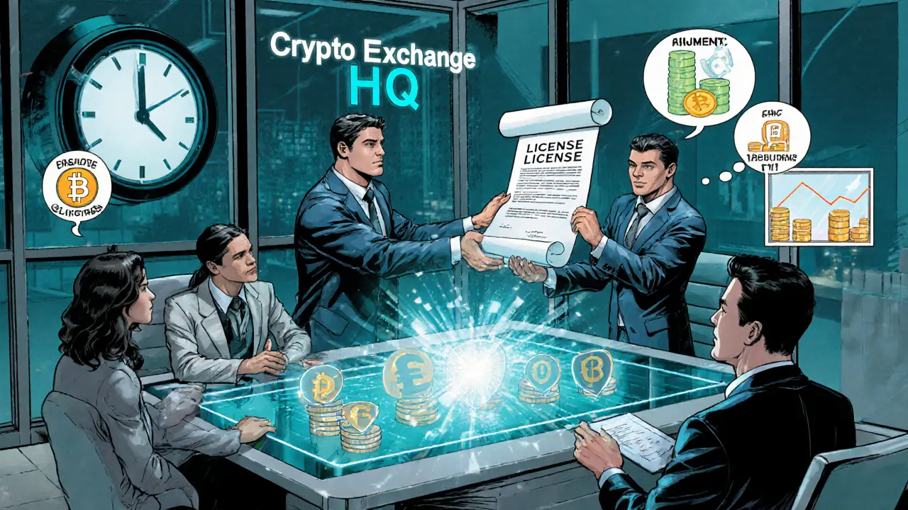 Hero delivering a glowing license scroll to a crypto exchange team, highlighting licensing steps.