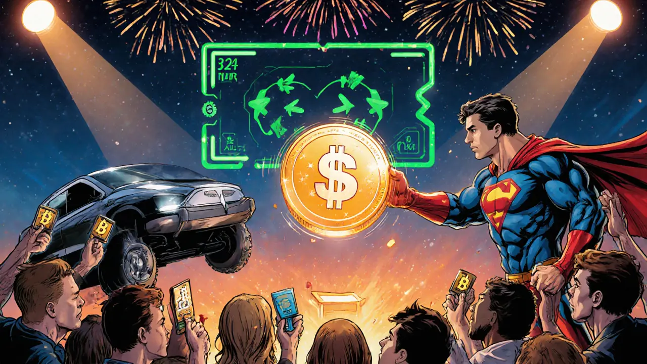 Hero hands a sparkling RACA token to fans beside a Tesla Cybertruck and mystery box, with staking platform visuals.