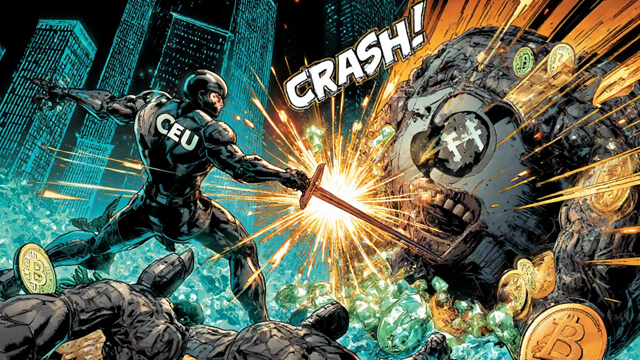 Hero in armor battling hackers, mixers, and USDT coins in a neon‑lit raid.