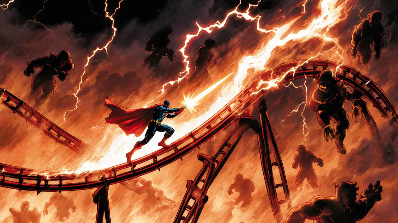 Hero navigating a volatile price chart with shadowy liquidity monsters.