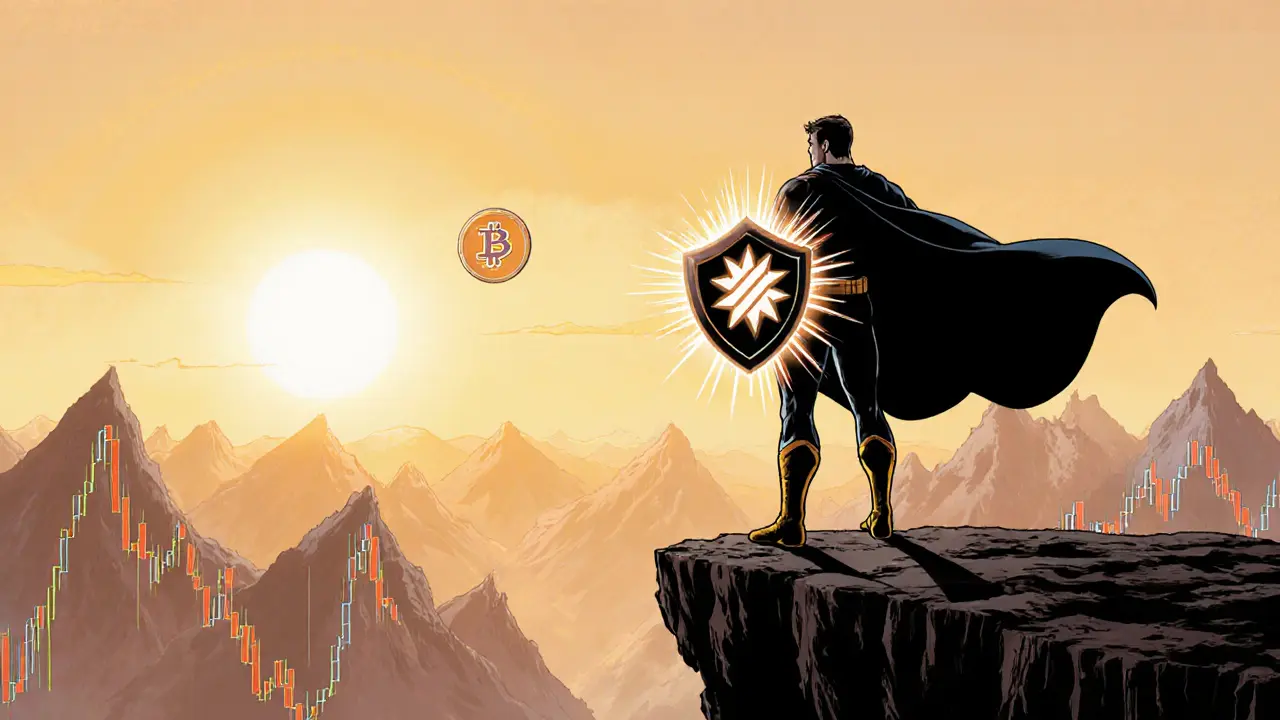 Hero on a cliff holding a protective shield, looking at a sunrise.