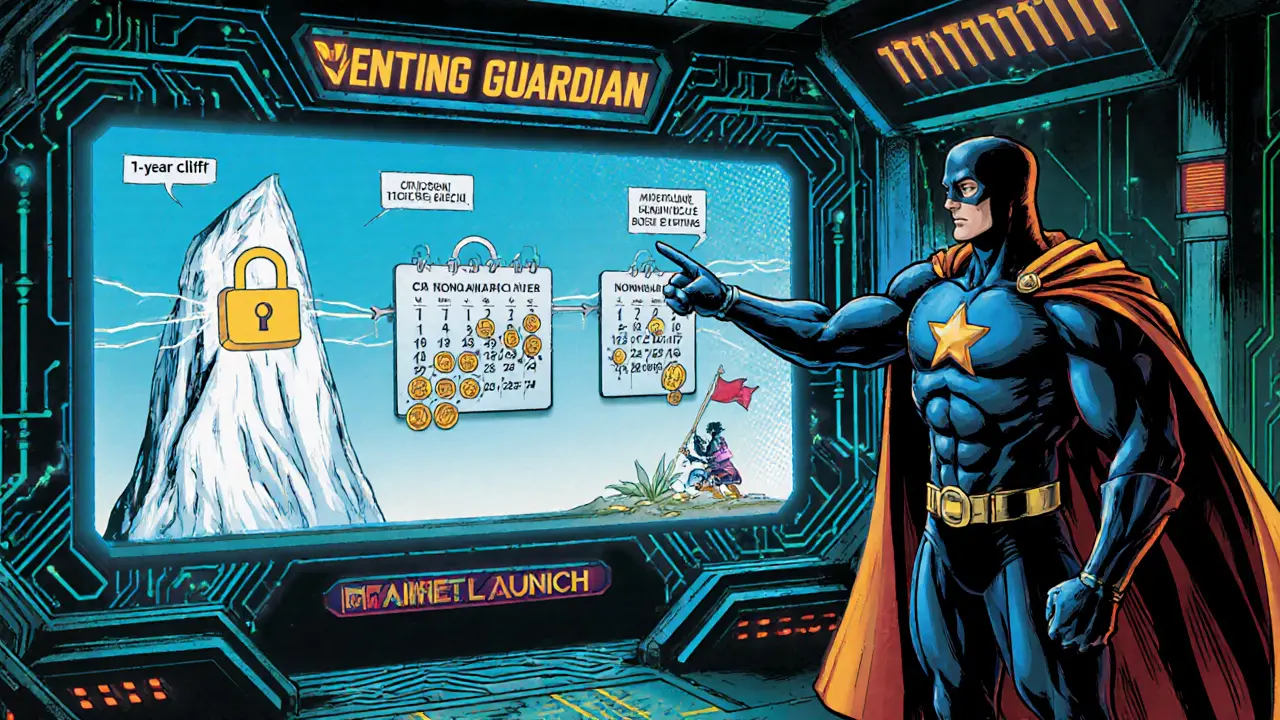 Hero points to a holographic vesting timeline showing cliff, monthly releases, and milestones.