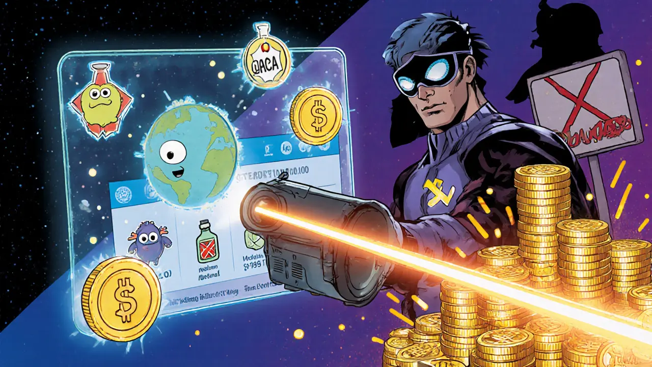 Hero scans holographic wallet showing Metamon NFTs and badges, with marketplace warning signs and token rewards.