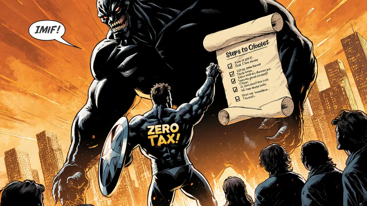 Hero shields Bitcoin City from IMF monster, checklist floats nearby.