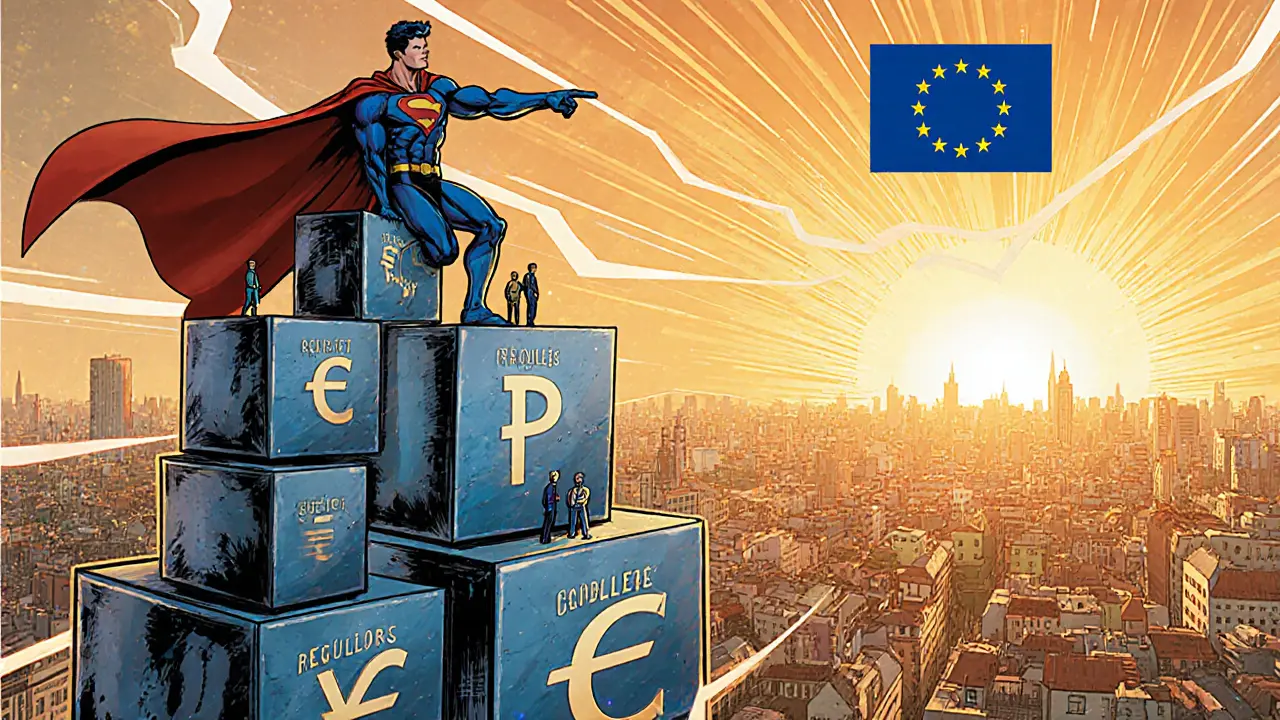 Hero standing on a towering stablecoin structure overlooking a European city, signaling future compliance.