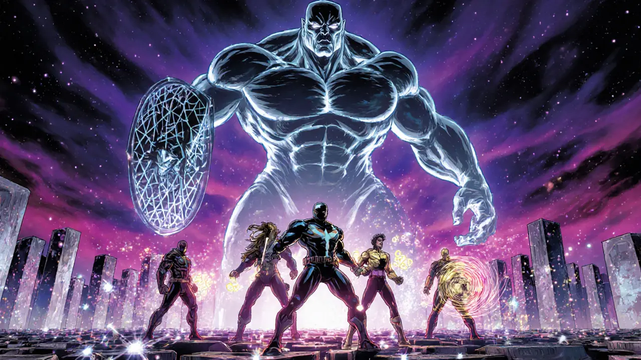 Hero team defending a ledger from a looming quantum monster using post‑quantum shield.