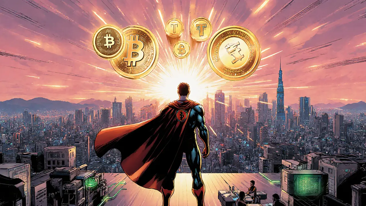 Hero watches stablecoin and digital won icons over futuristic city at sunrise.