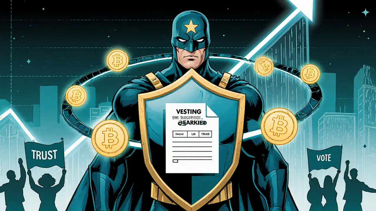 Hero with voting shield and orbiting locked tokens stands before a steady rising price chart.