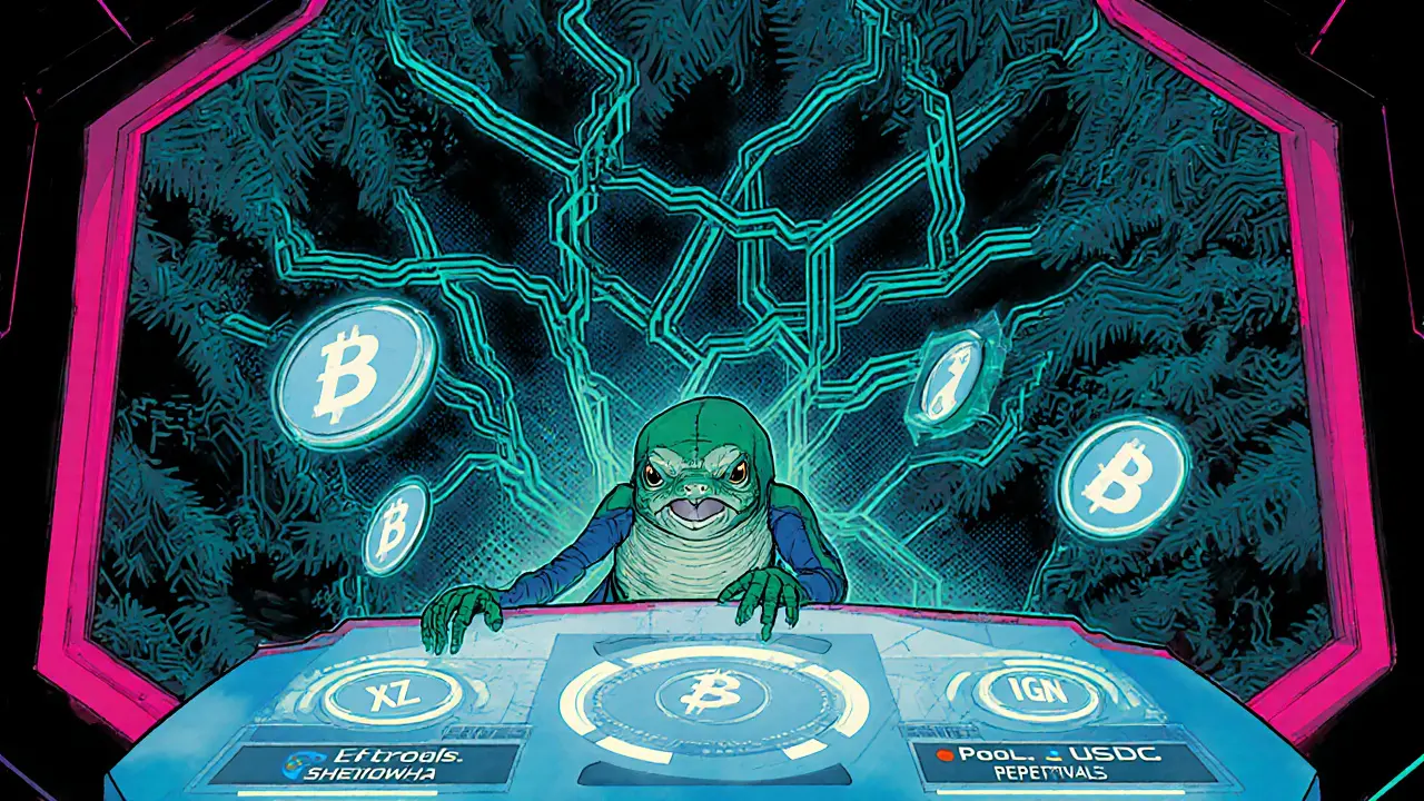 Iguana hero at a holographic console displaying DMI pools, borrowing, and perpetuals.