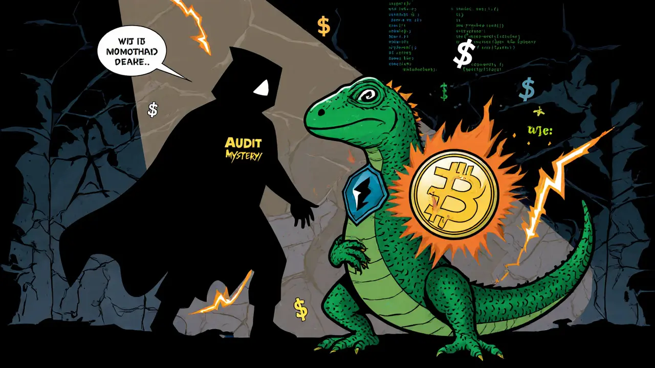 Iguana hero battles a shadowy audit figure, wielding IGN token shield and low‑fee symbols.