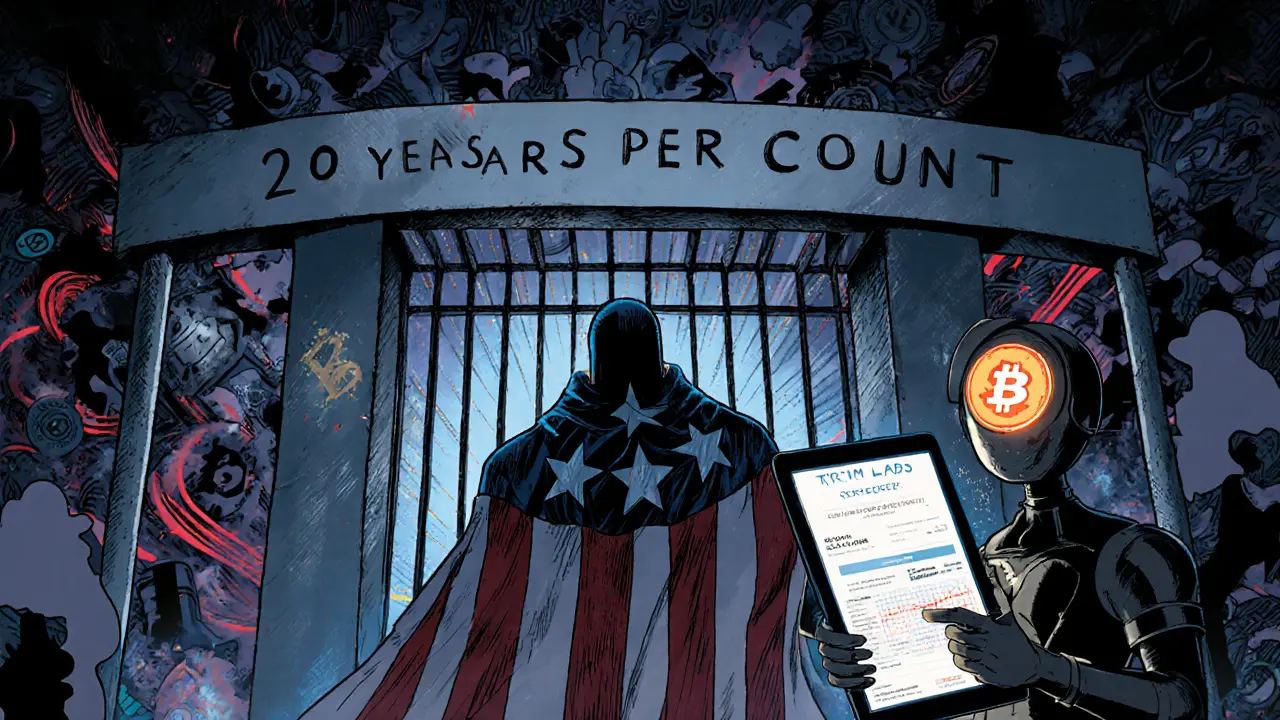 Justice figure guarding a 20‑year prison gate, with blockchain sidekick warning of stablecoin laundering.