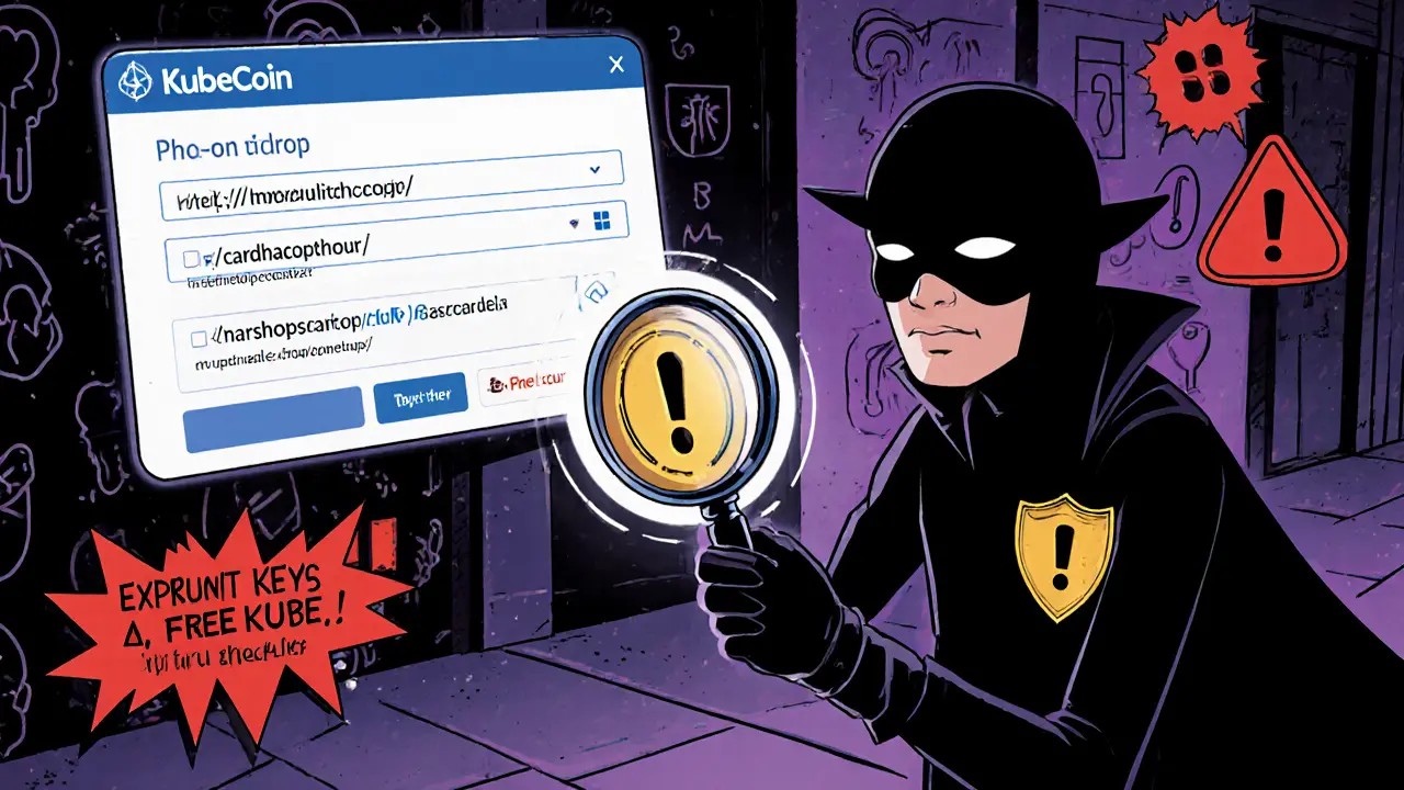 KubeCoin hero uses magnifying glass to expose a phishing villain offering fake KUBE airdrop.