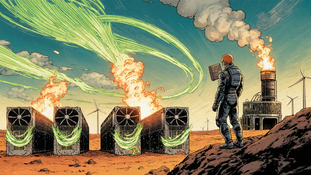 Massive miners powered by gas flares in a desert, one observer watches from afar.