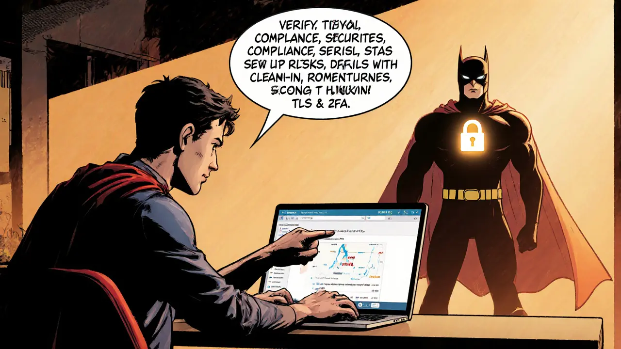 New trader at a laptop with Ionomy hero mentor advising caution.