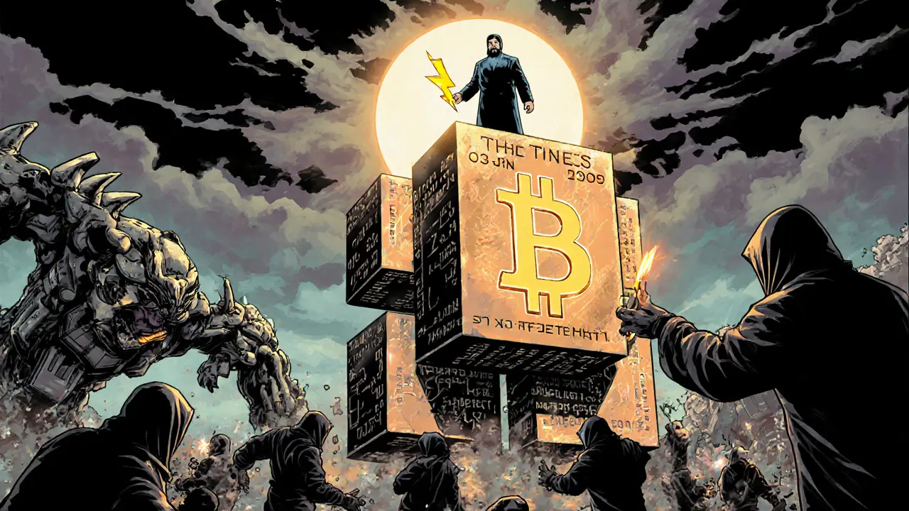 Satoshi stands atop a blockchain tower, miners battle ASIC monsters under a rising sun.