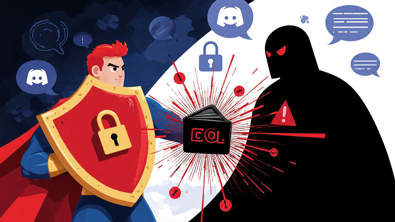 Superhero shields a wallet from a phishing bot in a dramatic comic scene.