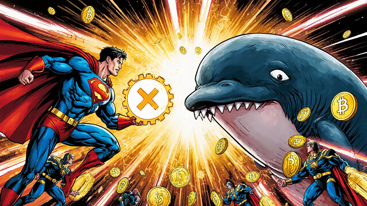 Superhero using square‑root blasts fights a whale clutching many tokens.