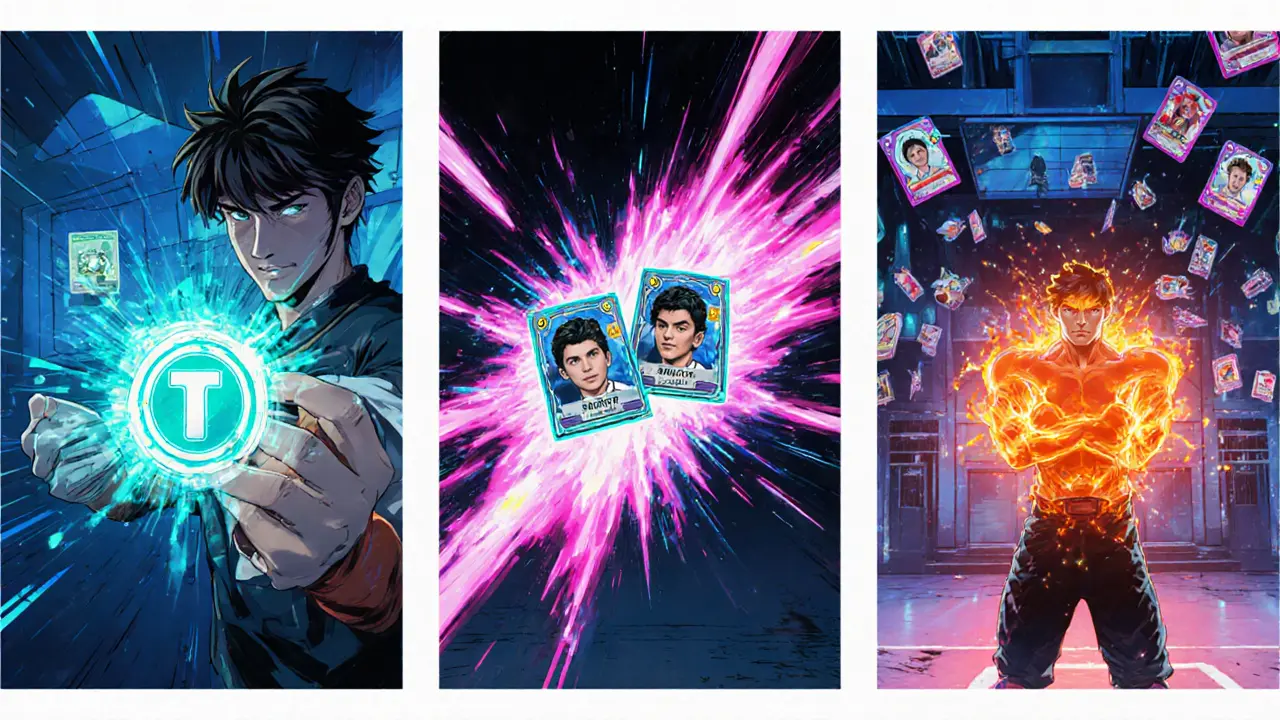 Three comic panels showing TSUGT used for arena tickets, NFT fusion, and buff upgrades.