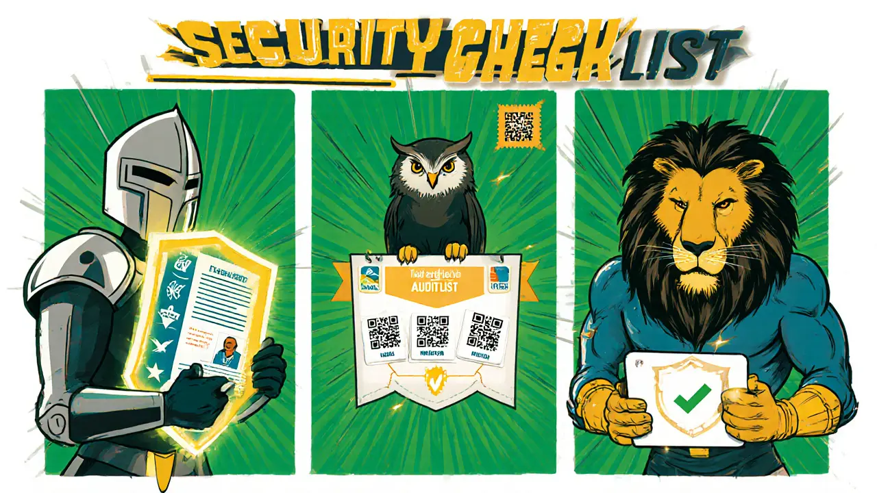 Three security superheroes check licensing, KYC, and audit documents in a checklist format.