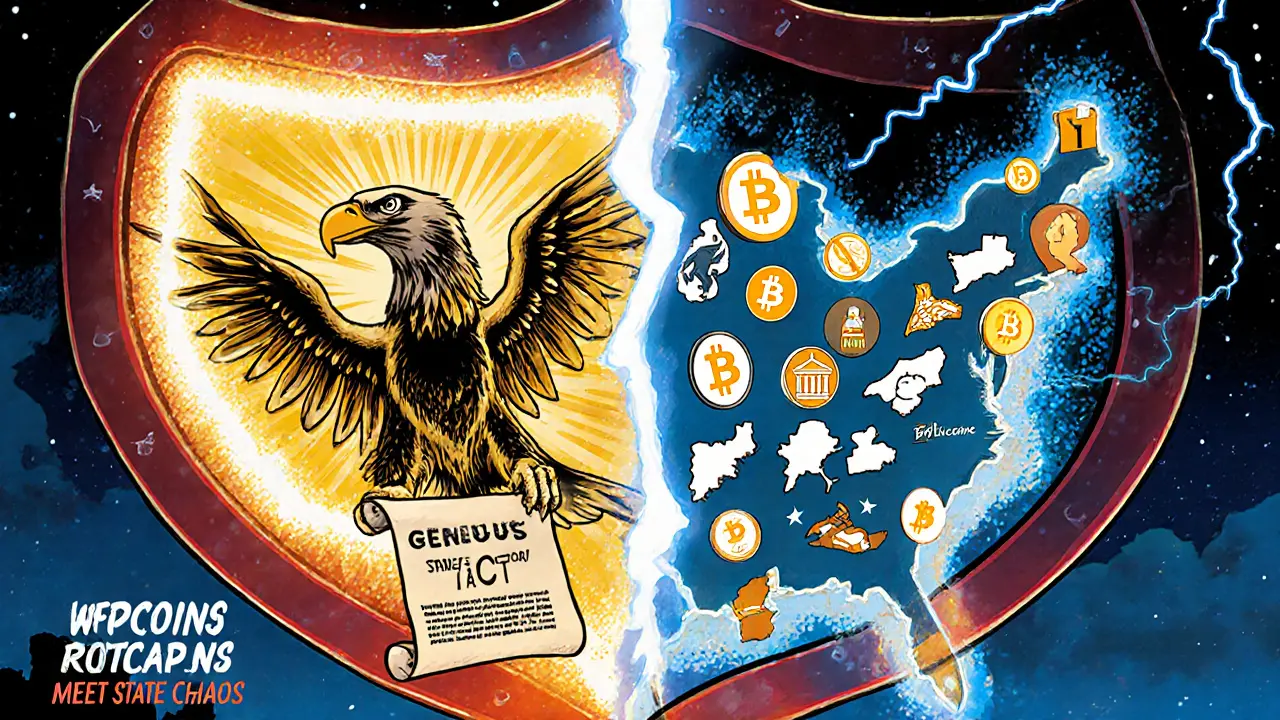 U.S. flag split into federal stablecoin rules and chaotic state crypto regulations.