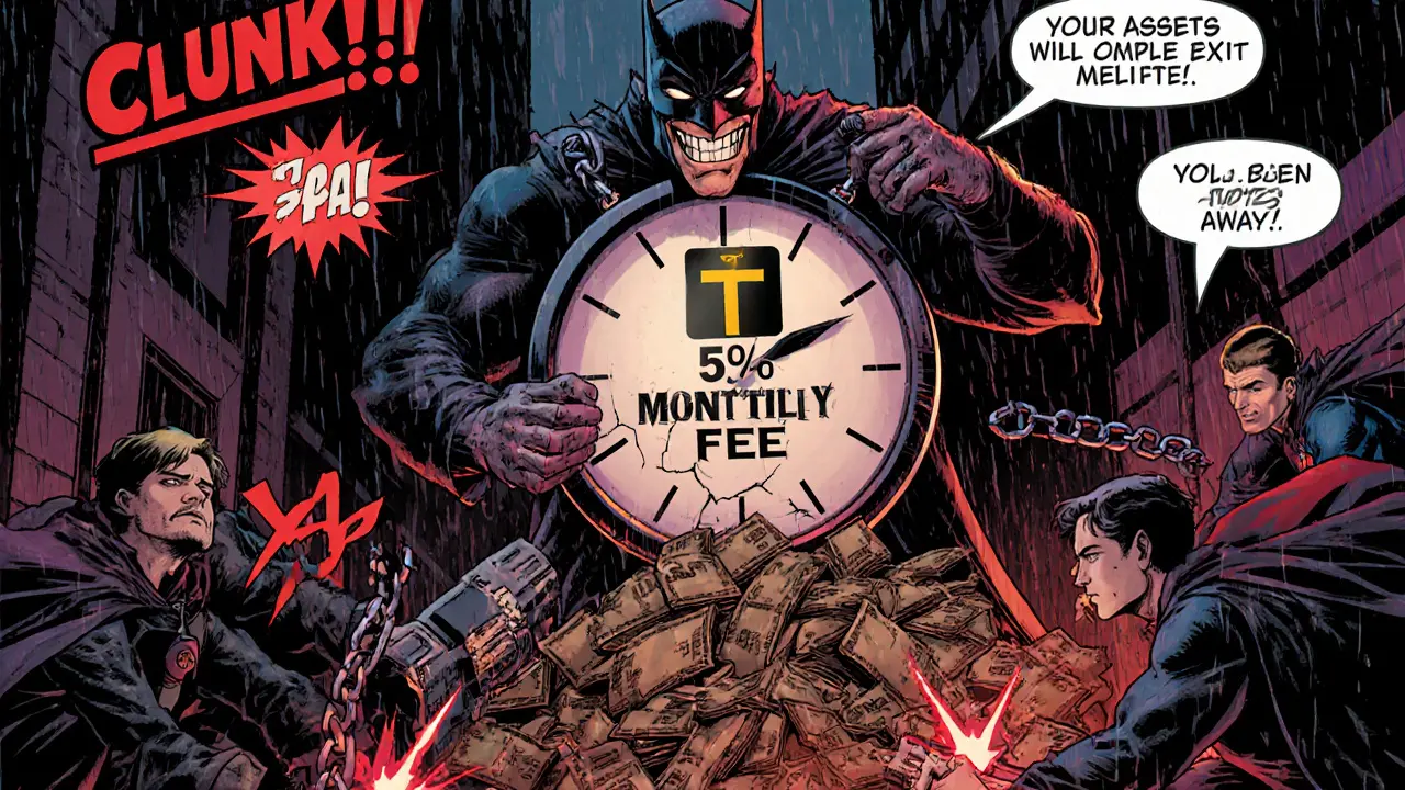 Villain slams a 5% fee clock onto user wallets, chains tighten, red warning signs flash.