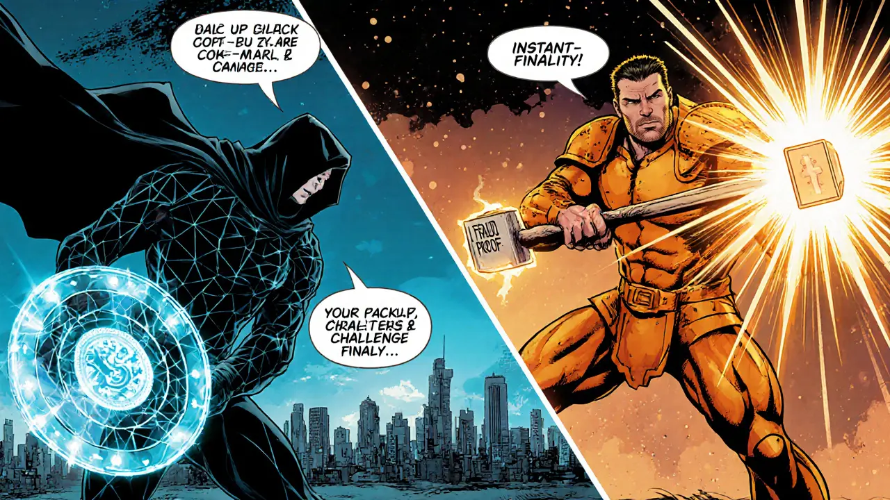 Zero‑Knowledge and Optimistic rollup heroes clash, each displaying their unique powers.