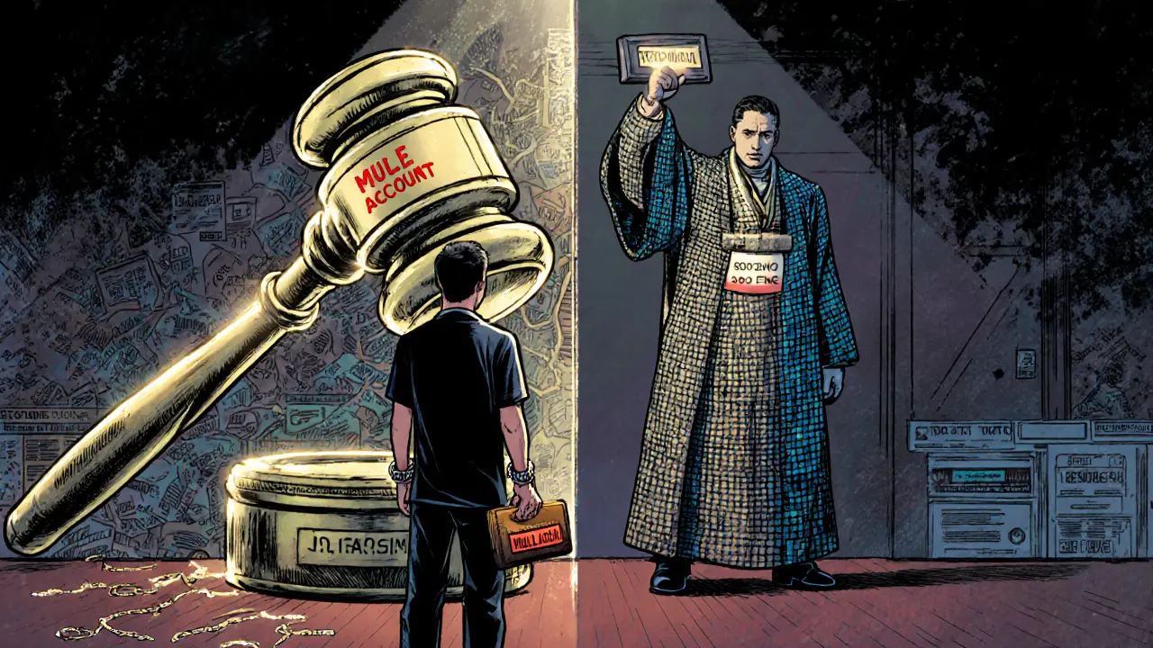 A citizen faces a blockchain gavel with prison and fine warnings looming behind him.