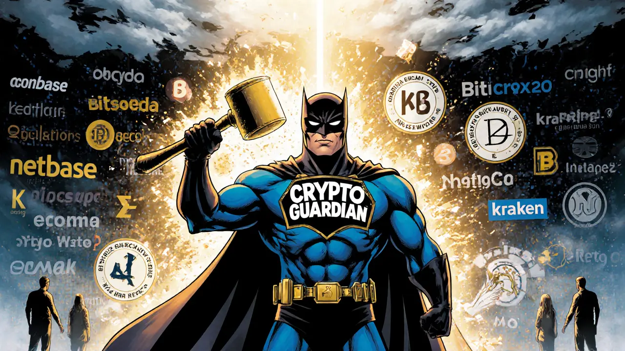 A Crypto Guardian smashing scam websites with regulation hammers as legitimate exchanges glow safely behind.