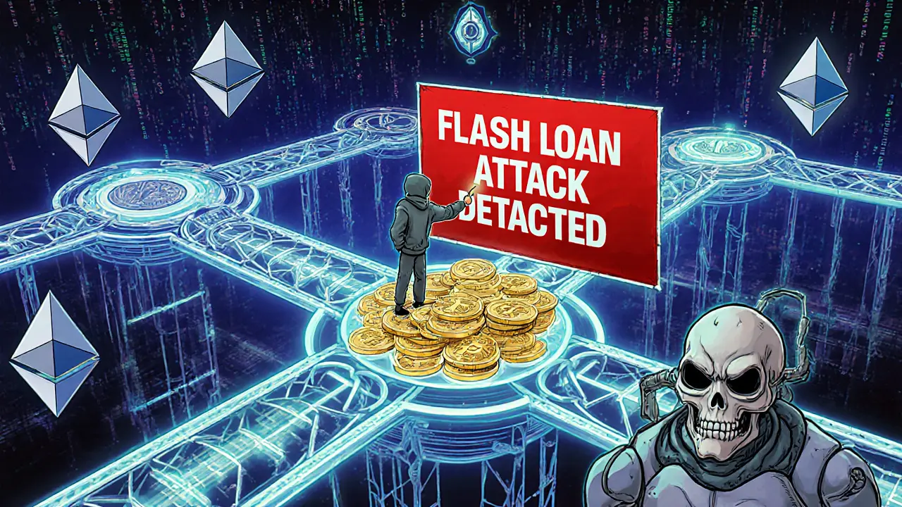 A developer activates a trillion-dollar flash loan cascade across blockchain bridges, while a villain manipulates prices under a red alert banner.
