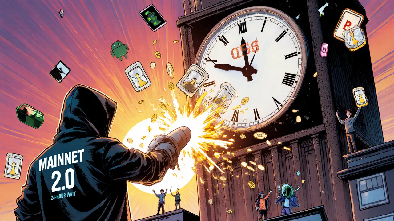 A digital missile destroys a 24-hour clock, releasing four glowing hourglasses as BLESS tokens rain down.