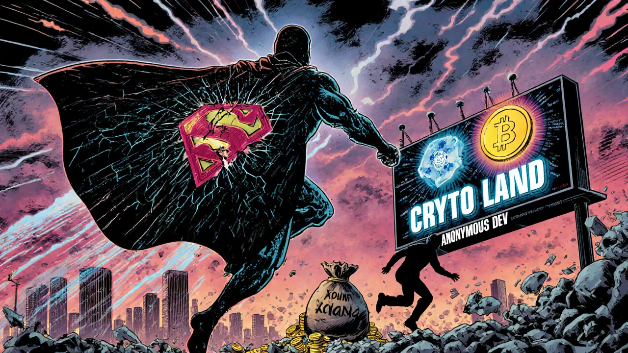 A fading PSUB billboard crumbles as other crypto tokens shine in the sky.