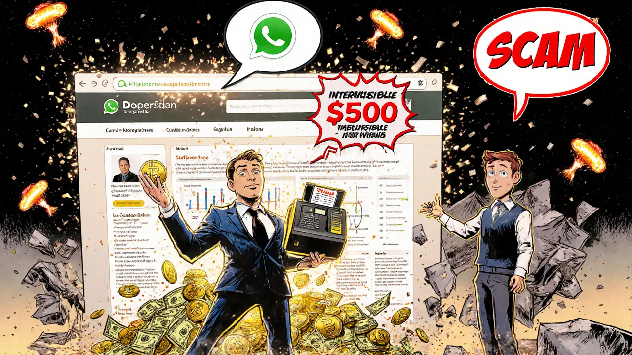 A fake WhatsApp scammer tricking a user with a glowing fake website and crumbling profit charts.