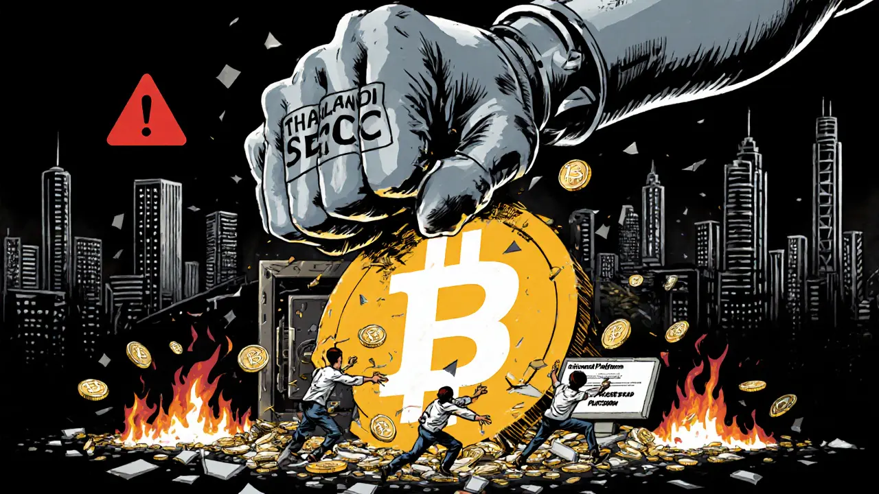 A giant SEC robot crushes unlicensed crypto exchanges as users flee to safety.